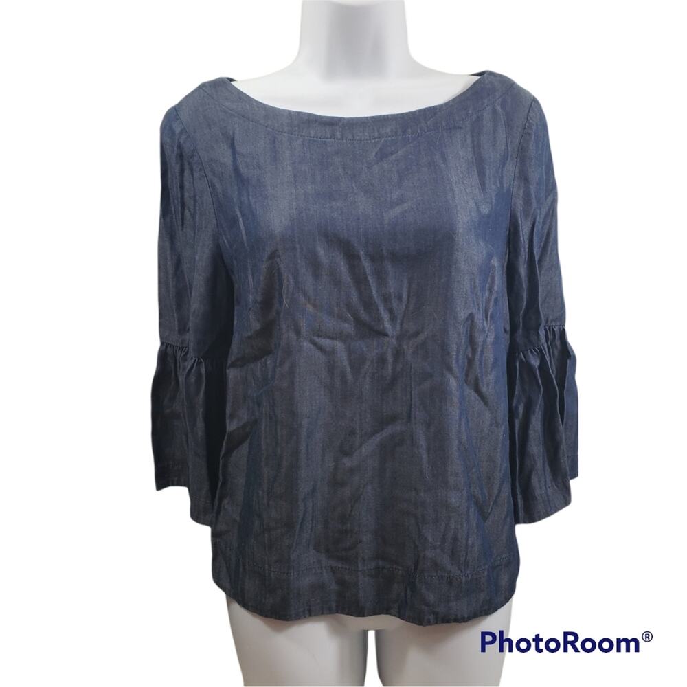White House Black Market Blue Chambray Denim Bell Sleeve Blouse Size 4